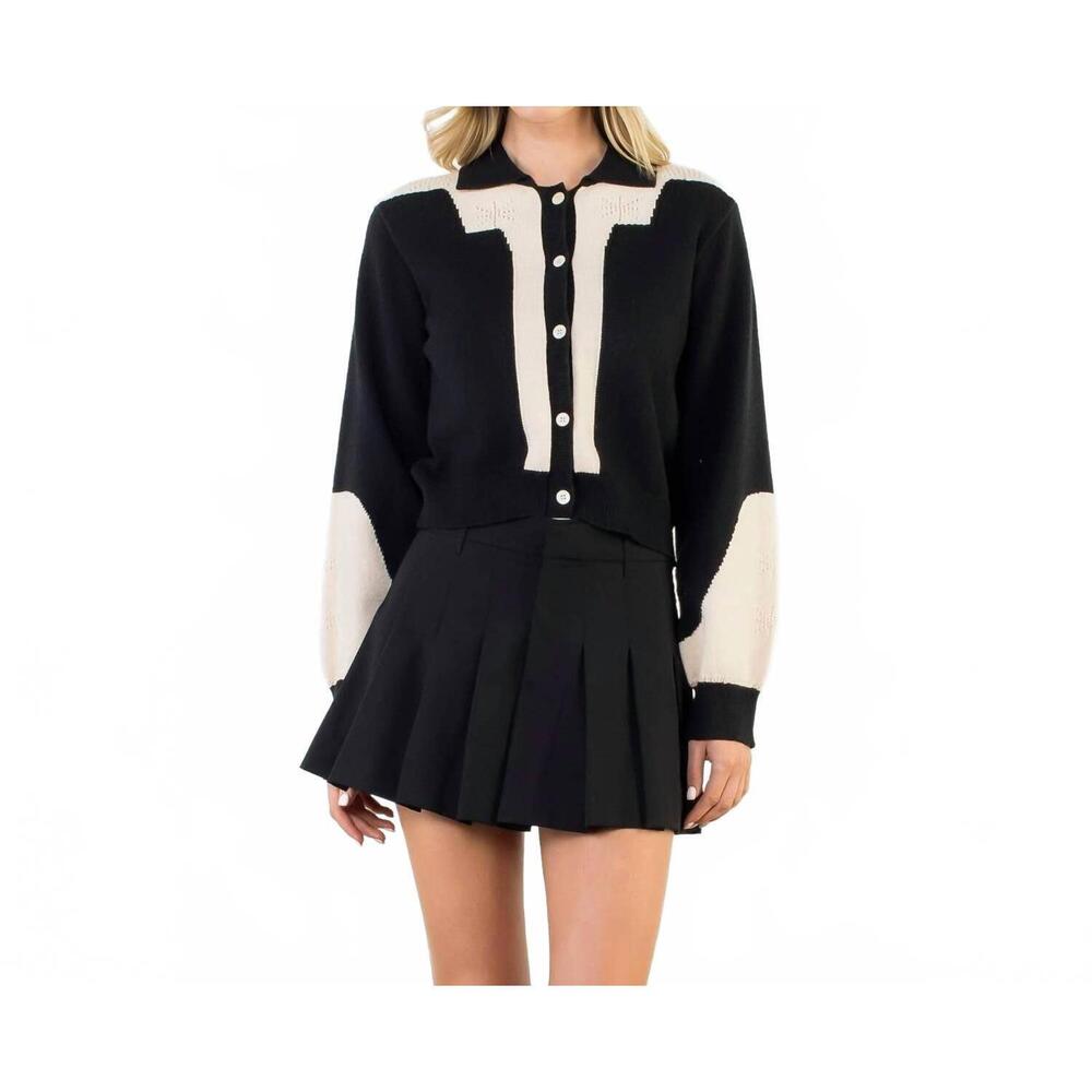 NEW THML colorblock button front knit cardigan in black